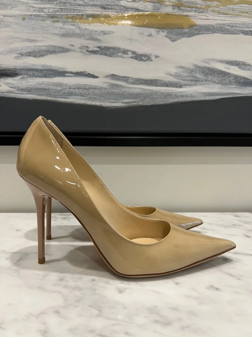 Jimmy Choo Beige Patent Leather Pointed-Toe Pumps - Picture 3 of 9